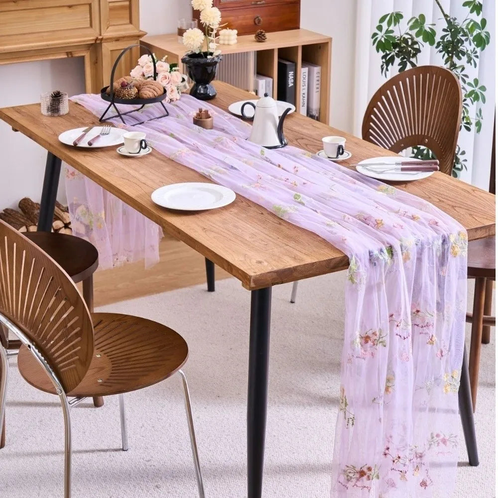 chemin table violet clair fleurs colorées tissu translucide romantique 100 150 cm polyester