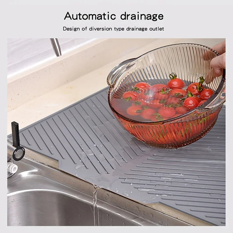 tapis drainage silicone gris moderne rayures horizontales anti dérapant rapide drying mat vaisselle organisateur