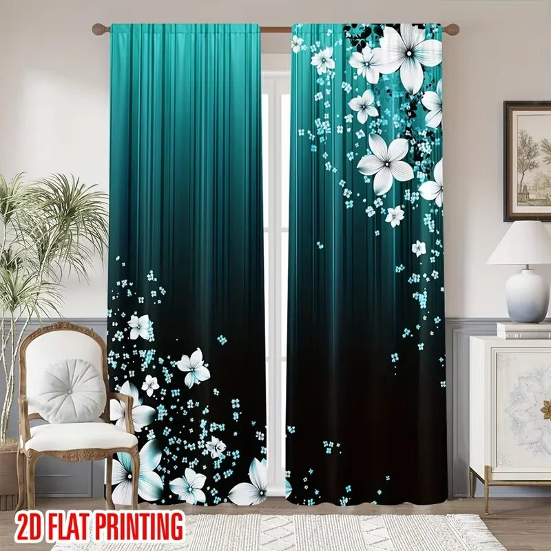 rideau moderne fleurs blanches turquoise noir polyester chambre salon 60x150cm 75x166cm 105x230cm 130x210cm