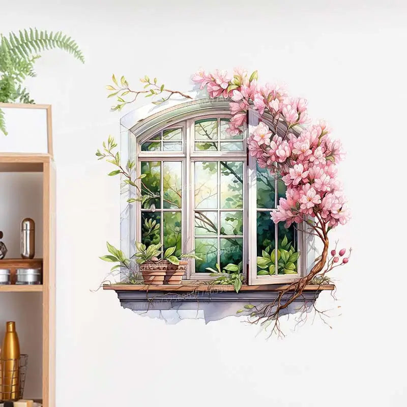 sticker mural fenêtre fleurs vases branches plante verte chambre salon restaurant pastoral réaliste adhésif