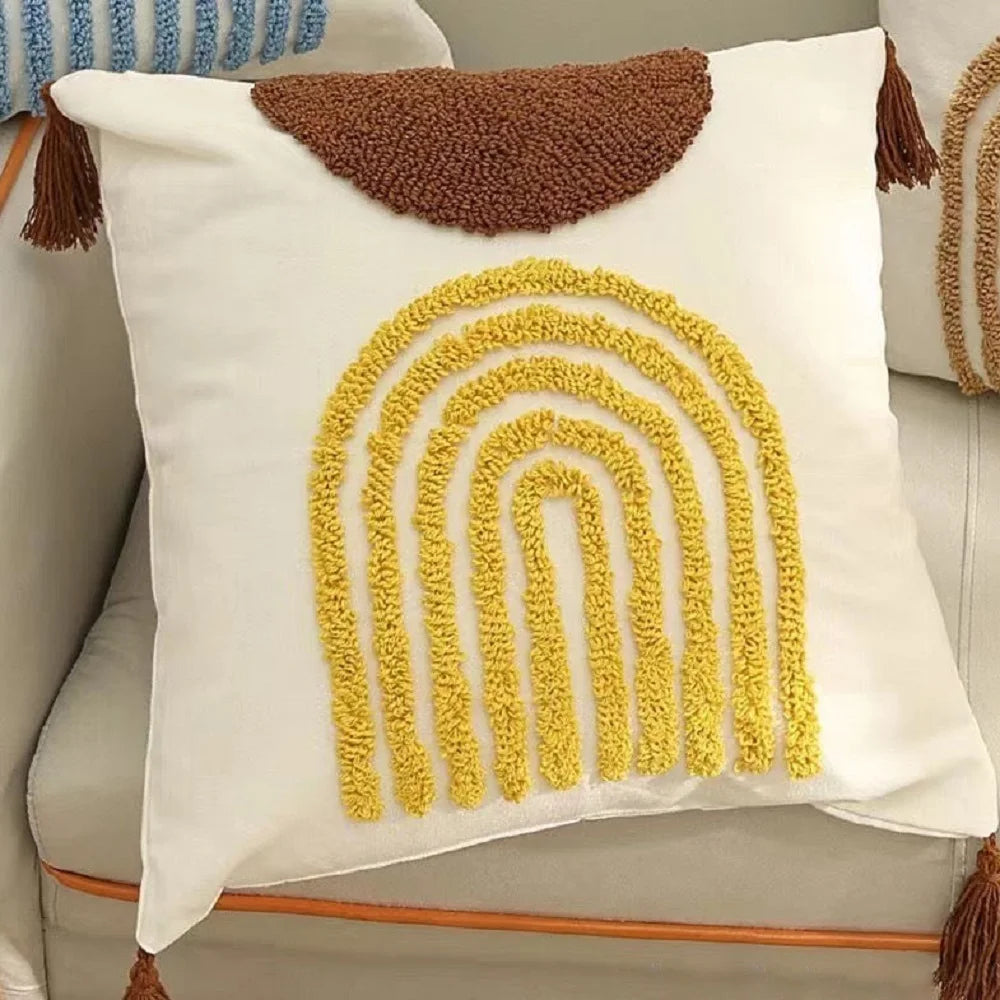 housse coussin carré blanc motif géométrique moderne tassel crochet polyester coton lavable