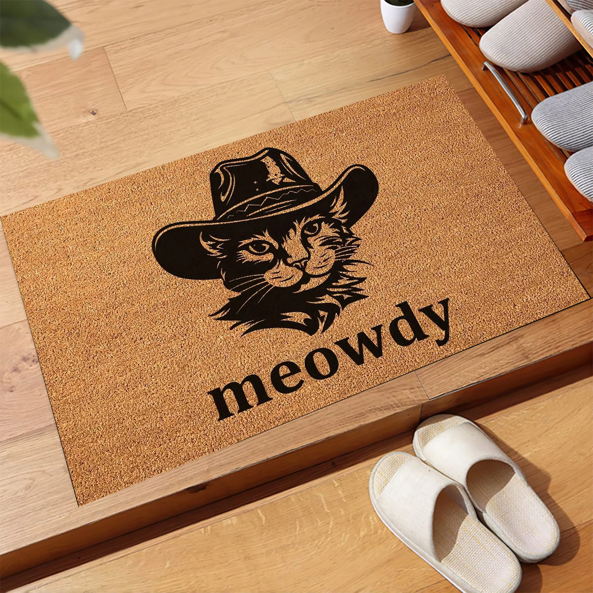 tapis d'entrée marron clair imprimé chat chapeau meowdy antidérapant résistant bactéries porte extérieur