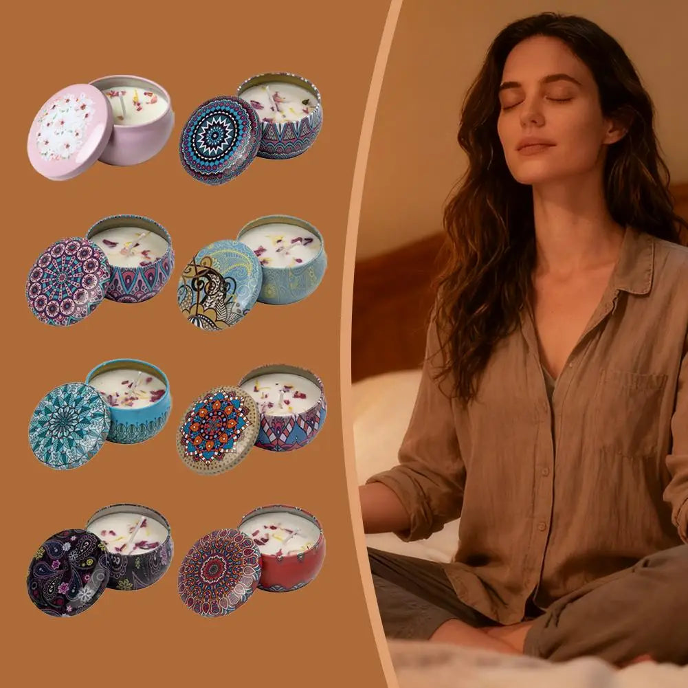 bougies parfumées fleurs séchées rouge bleu rose multicolore motifs floraux mandala ethnique boho chic