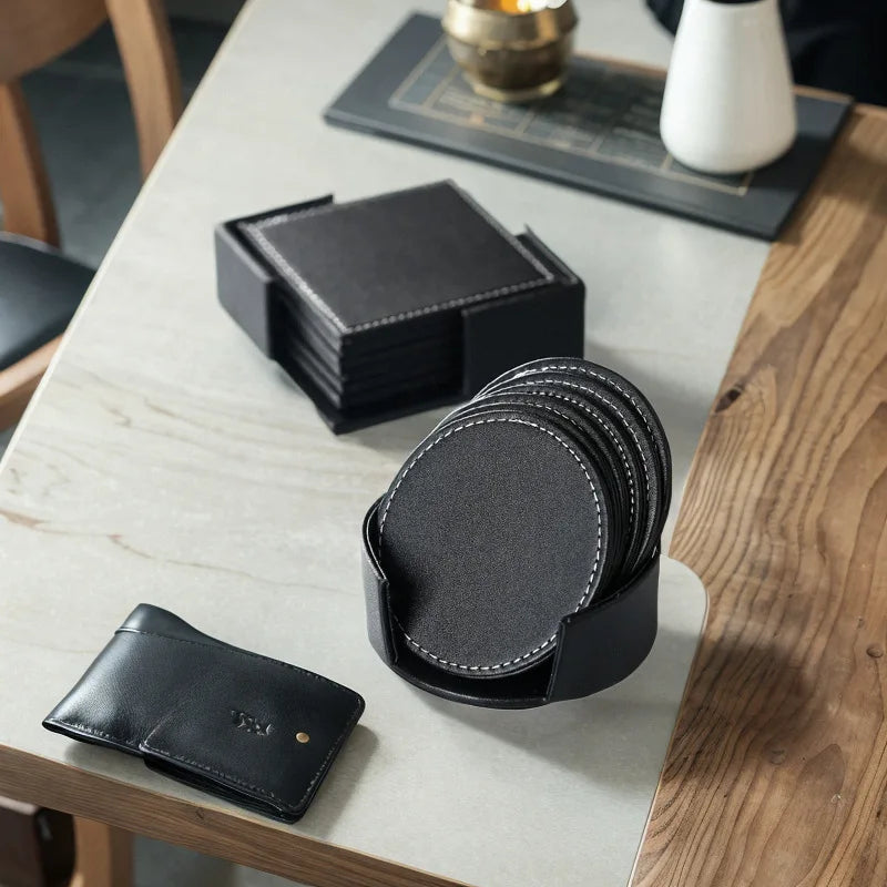 coasters noirs simili cuir classiques antidérapants boîte rangement six pièces Küche