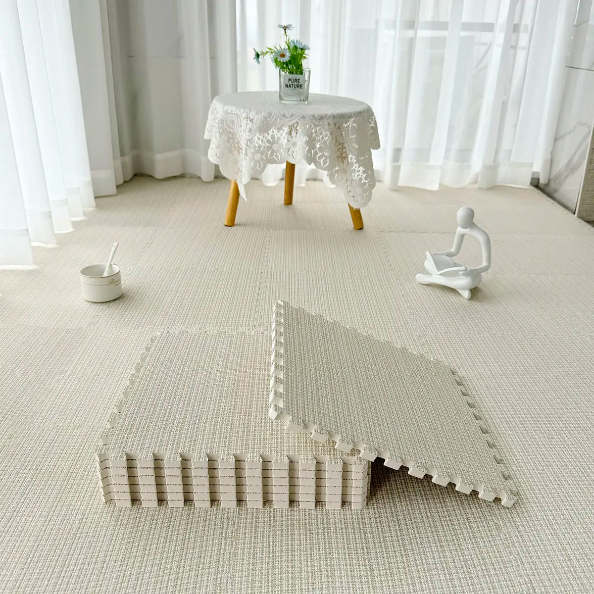 tapis sol modulable carreaux géométriques orange gris beige moderne fonctionnel clips