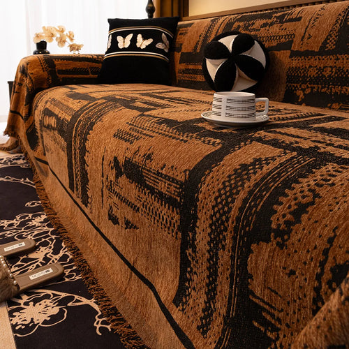 housse canapé universelle marron motif géométrique moderne tissu jacquard salon fauteuil grande taille