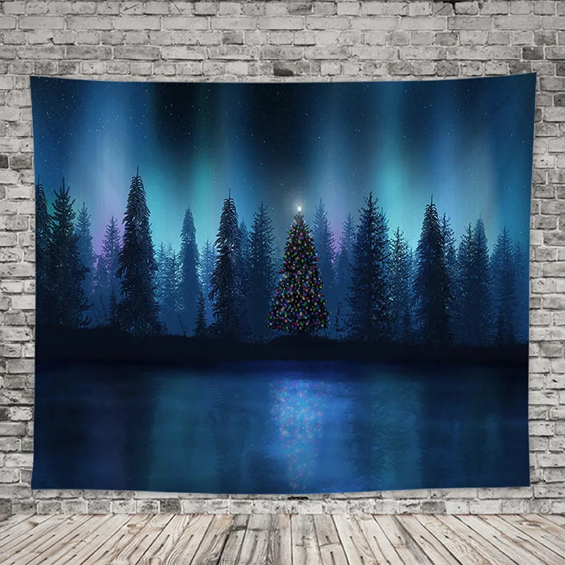 tapisserie forêt nocturne étoiles aurora borealis bleu noir blanc vertical maison chambre decoration