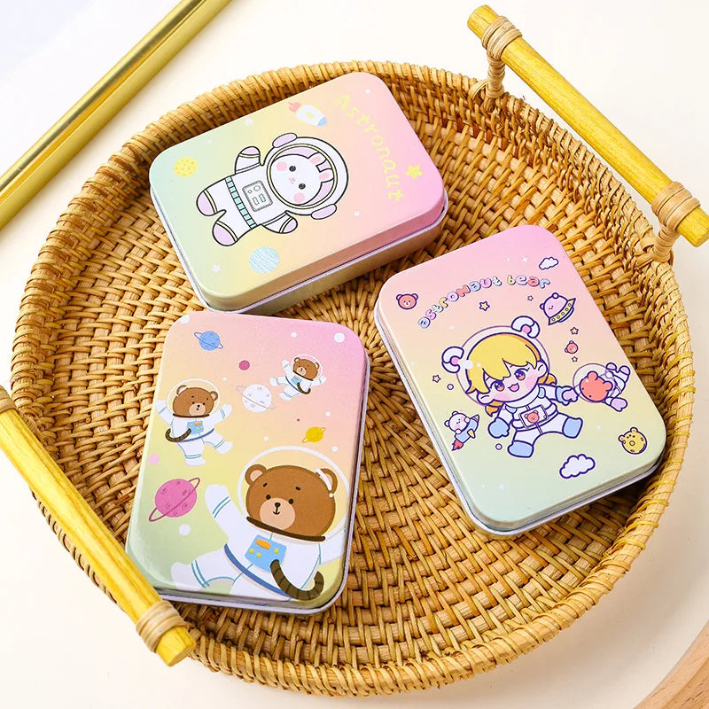 boîtes métalliques réutilisables dessins animés violet rose bleu vert clair pliage personnalisable bijoux pinces