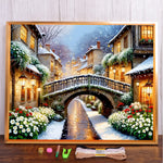 toile broderie paysage hivernal pont maison fleurs arbres multicolore package fil broder guide élastique