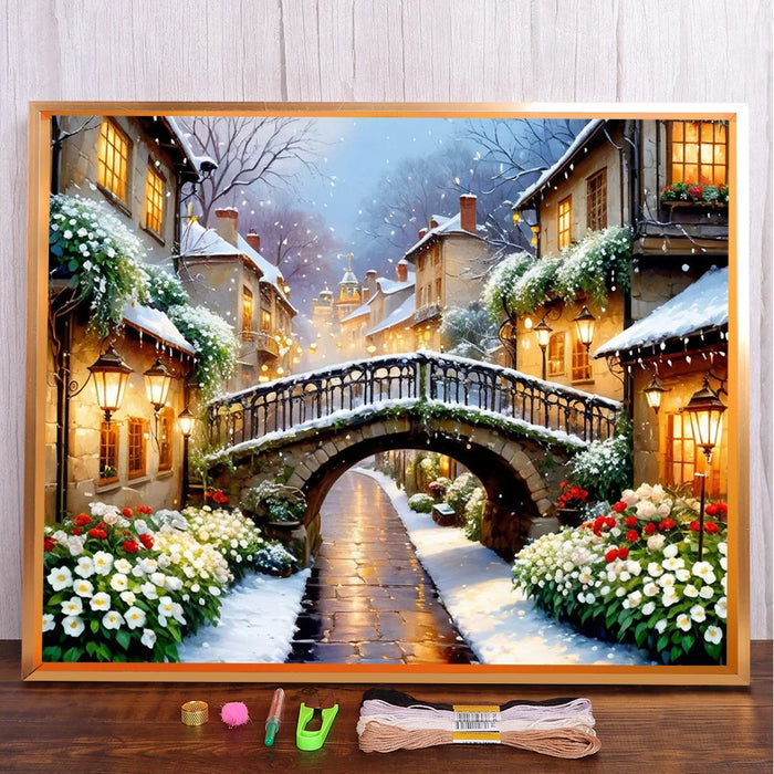 toile broderie paysage hivernal pont maison fleurs arbres multicolore package fil broder guide élastique