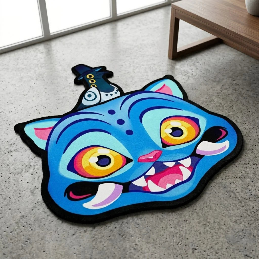 tapis animé tigre bleu jaune rose noir visage cartoon antidérapant flanelle diameter 80cm 100cm