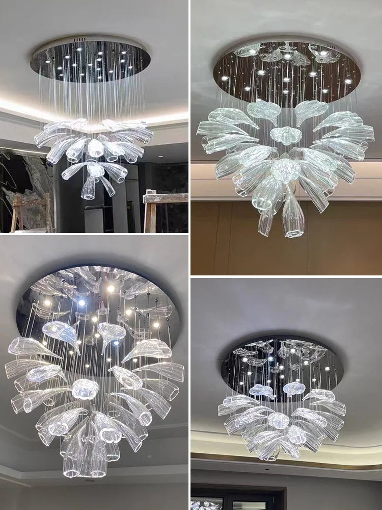 lustre suspendu led cristal transparent forme feuilles fleurs moderne luxe salon hall villa