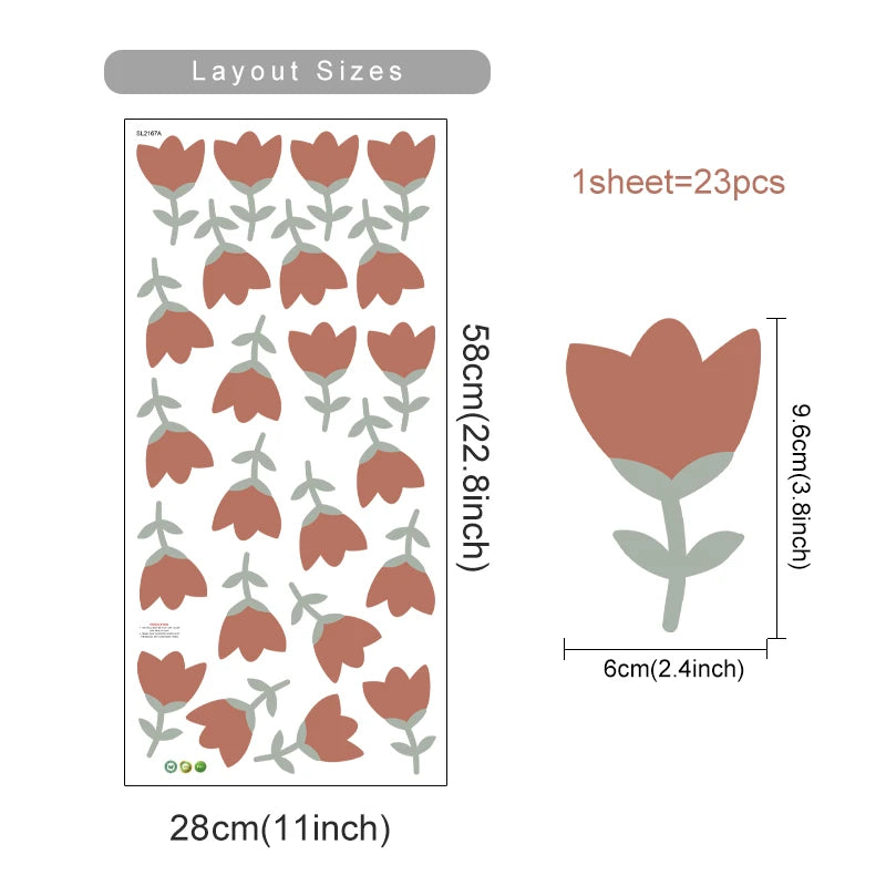 sticker mural minimaliste enfantin fleur simple rose clair rouge vert pastel décoration chambre fille