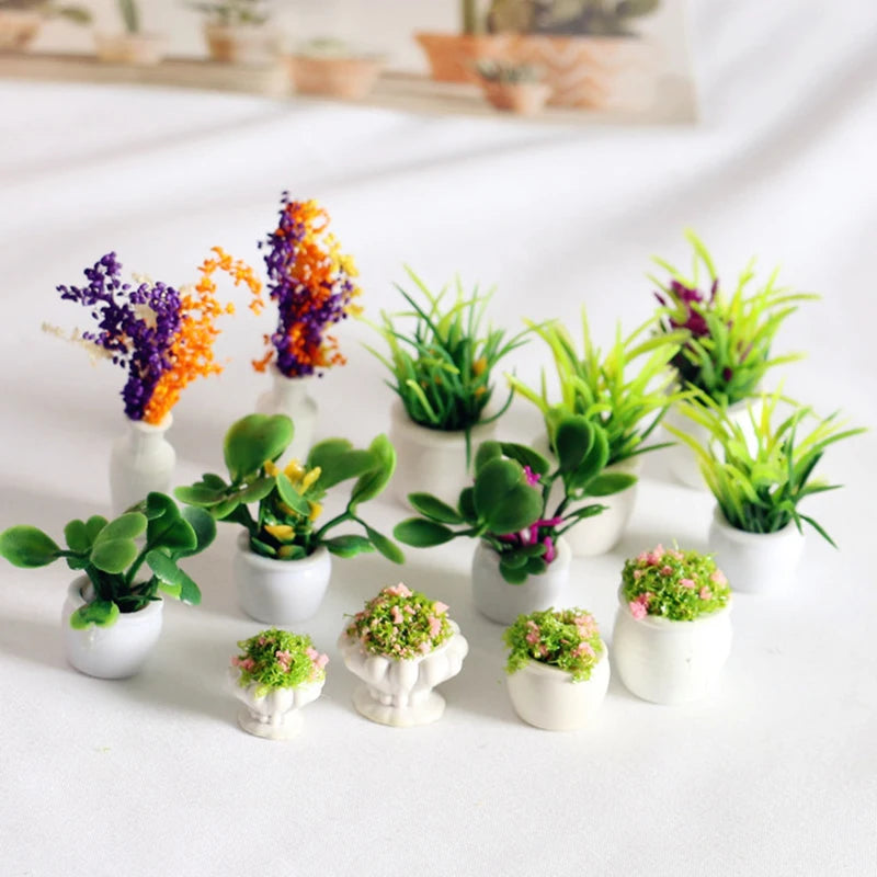 accessoires poupée miniature pot fleur blanc motifs floraux classiqueDecoration maison poupéeSimulation meublesSET5pièces