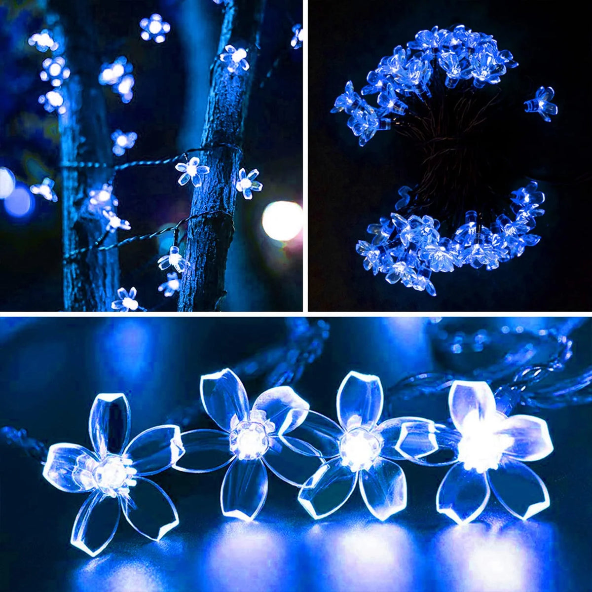 guirlande lumineuse solaire bleu clair fleurs modernes 20m 200leds jardin