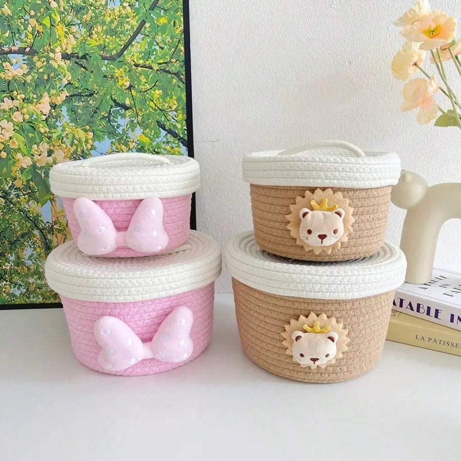 paniers rangement tissu tressé rose beige ours lion couvercles rubans pois enfantins