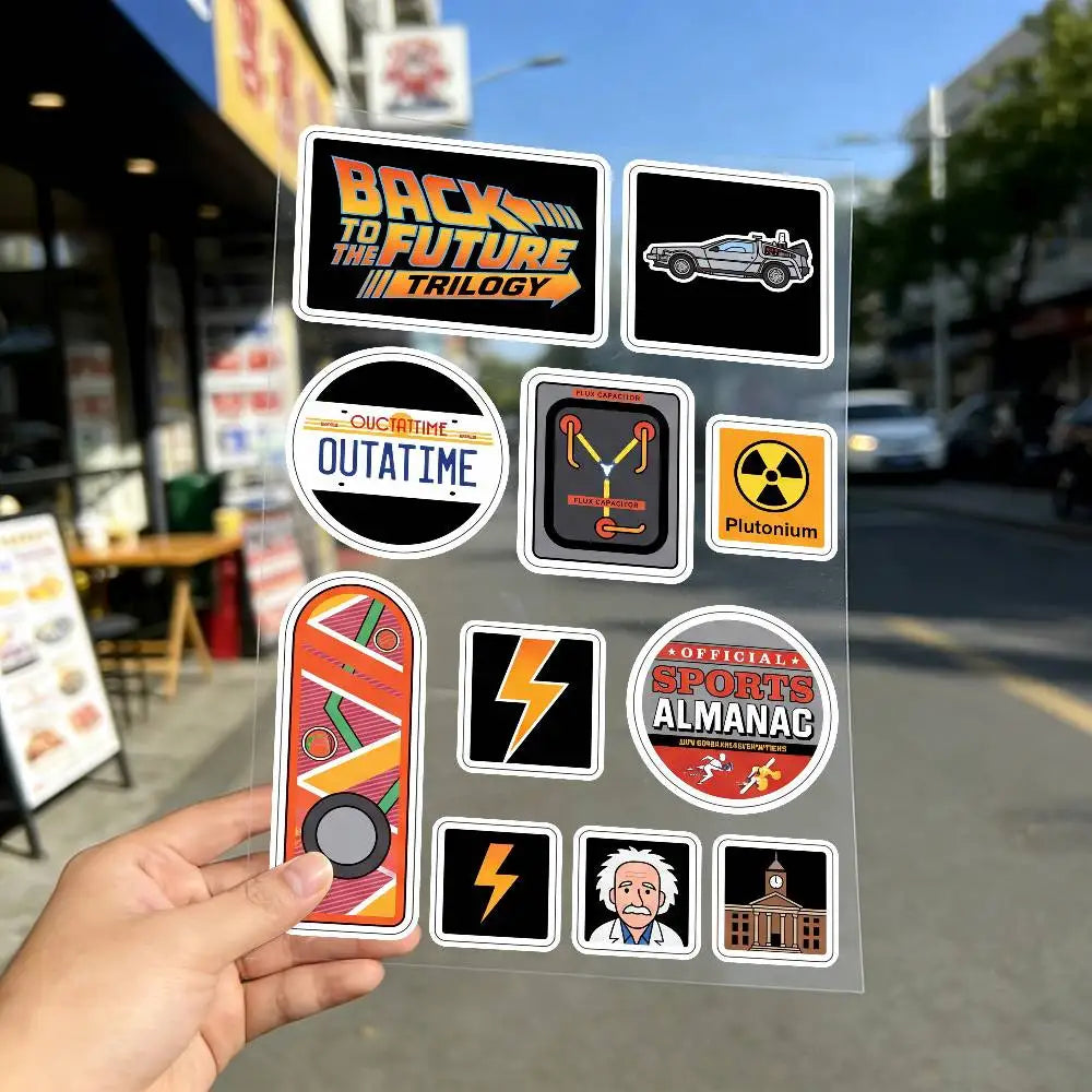 stickers réfléchissants retour futur multicolore delorean capaciteur plutonium pop art retro moto vélo