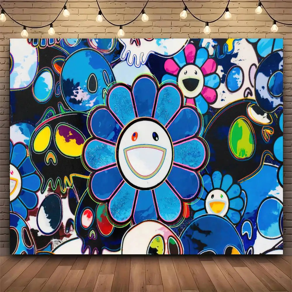tapisserie pop art fleurs visages souriants multicolore salon chambre polyester rectangle