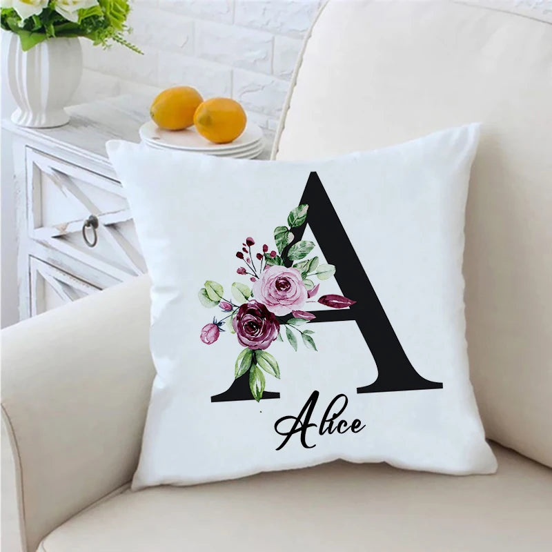 taies d'oreiller lettre stylisée moderne élégantes imprimées fleurs feuillage blanc respectueuses environnement 45cm 45cm