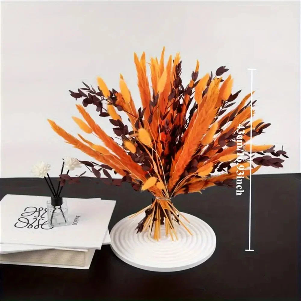 bouquet artificiel plumes orange feuilles marron boho décoration maison anniversaire mariage