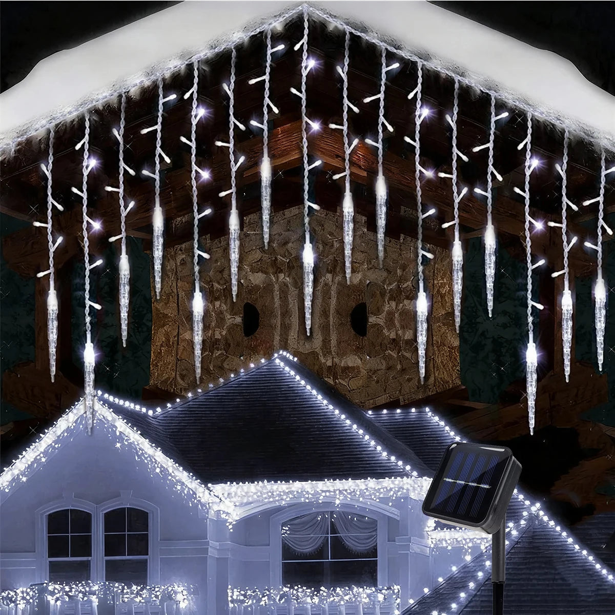 guirlande lumineuse icicles blanc doré moderne décoration noël extérieure intérieure 96led blancfroid blancchaud festive
