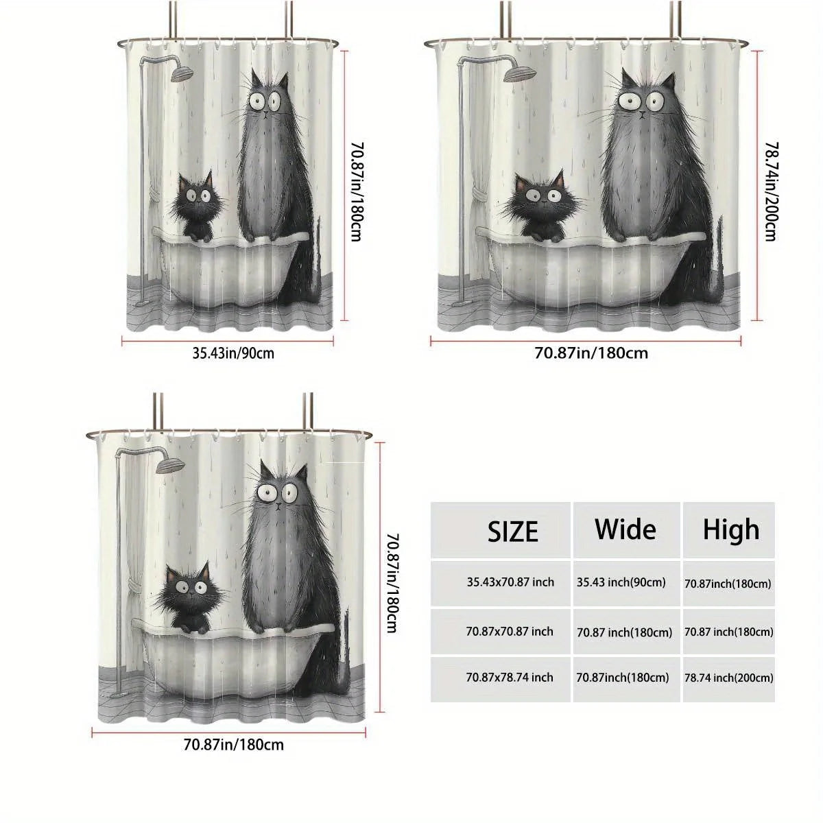 rideau douche chats baignoire illustration humoristique anneaux métalliques opacité blanc gris noir