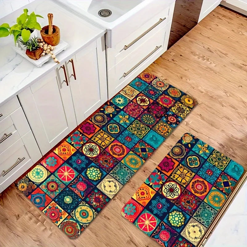 tapis boho chic multicolore motifs floraux géométriques variés salle bain