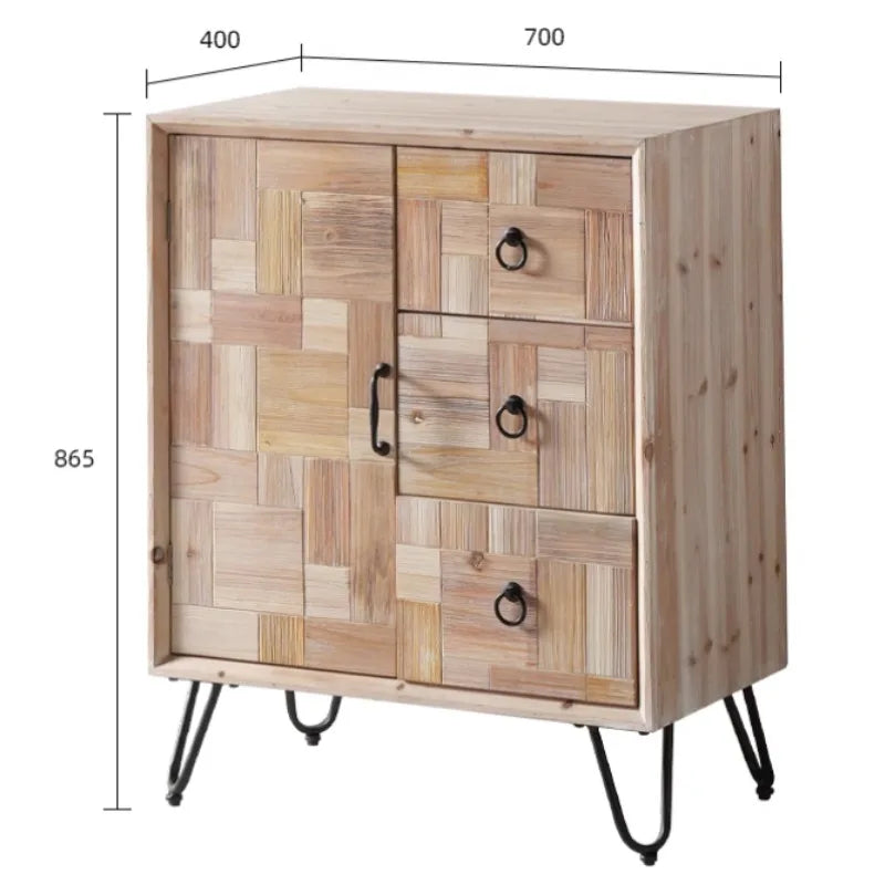 meuble salon armoire bois rustique moderne tiroirs portes beige marron pieds métal anneaux