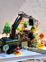miniature excavatrice noir truck imprimé parties mobiles terrain graviers arbres signalisation sécurité