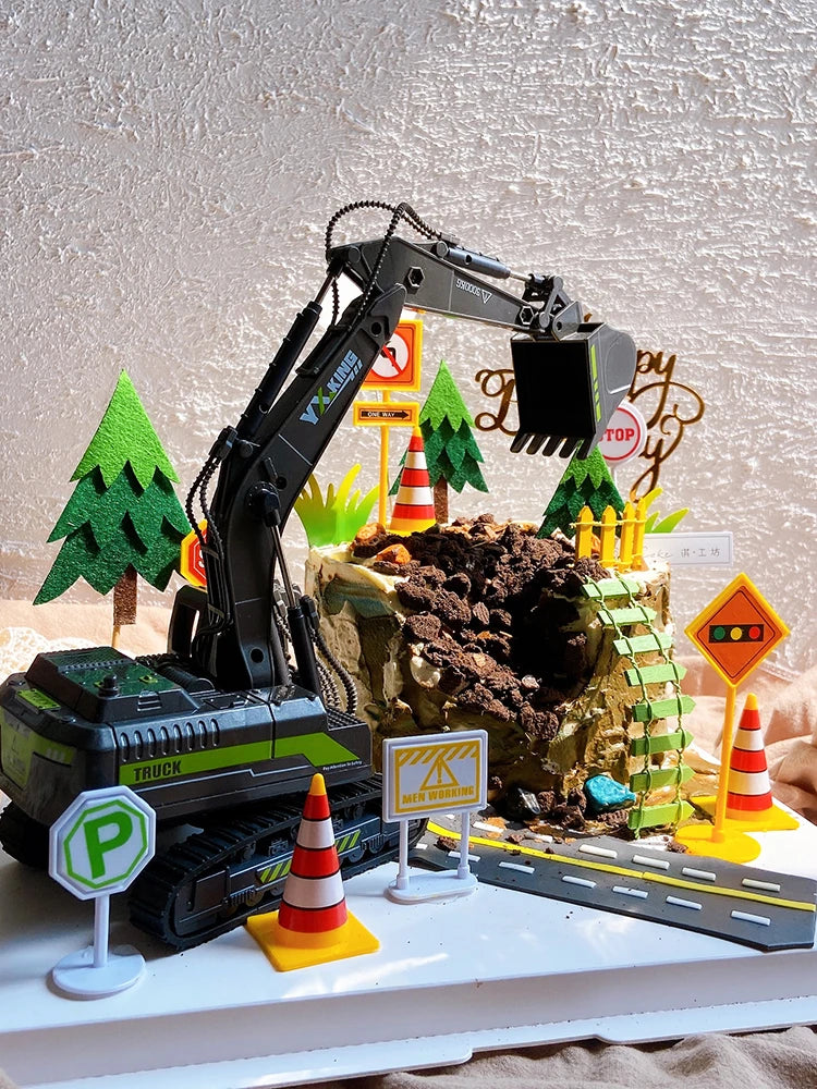 miniature excavatrice noir truck imprimé parties mobiles terrain graviers arbres signalisation sécurité