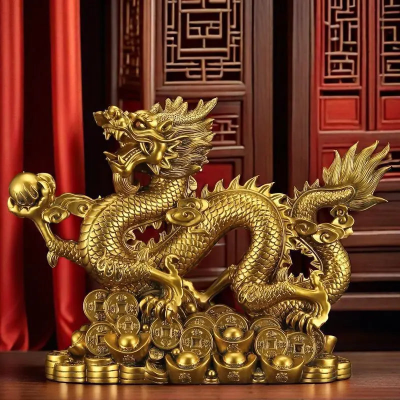 statue dragon doré feng shui pièce ancienne or rouge émailléintérieur décoration maison traditionnelle chinese