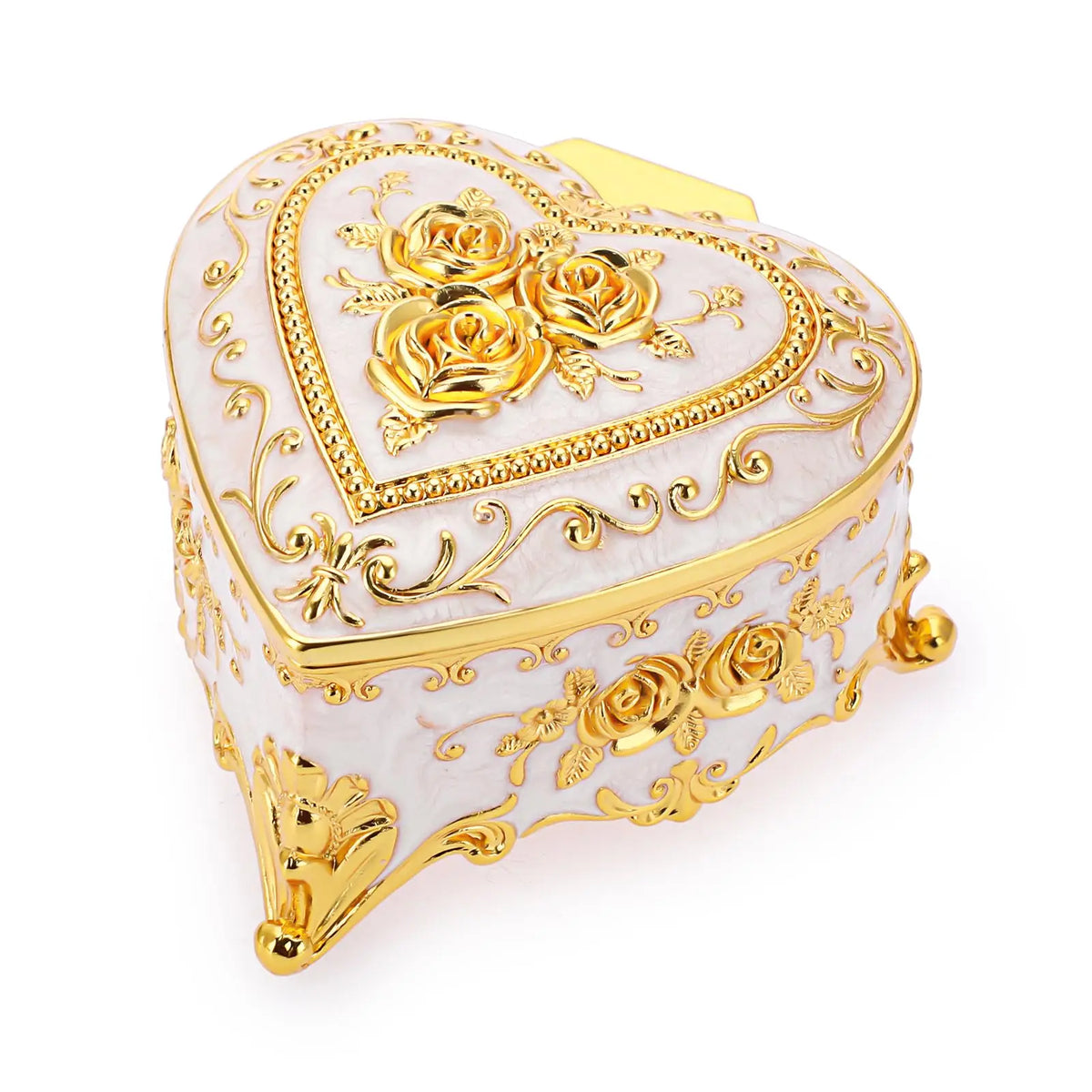 boîte bijoux baroque élégante boîte métal roses dorées motifs floraux blanc violet