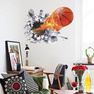 autocollant mural 3d sportif balle basket rayures noires fond texturé béton orange dynamique chambre