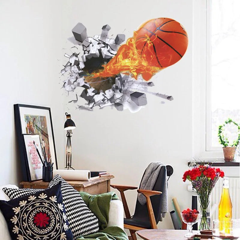 autocollant mural 3d sportif balle basket rayures noires fond texturé béton orange dynamique chambre