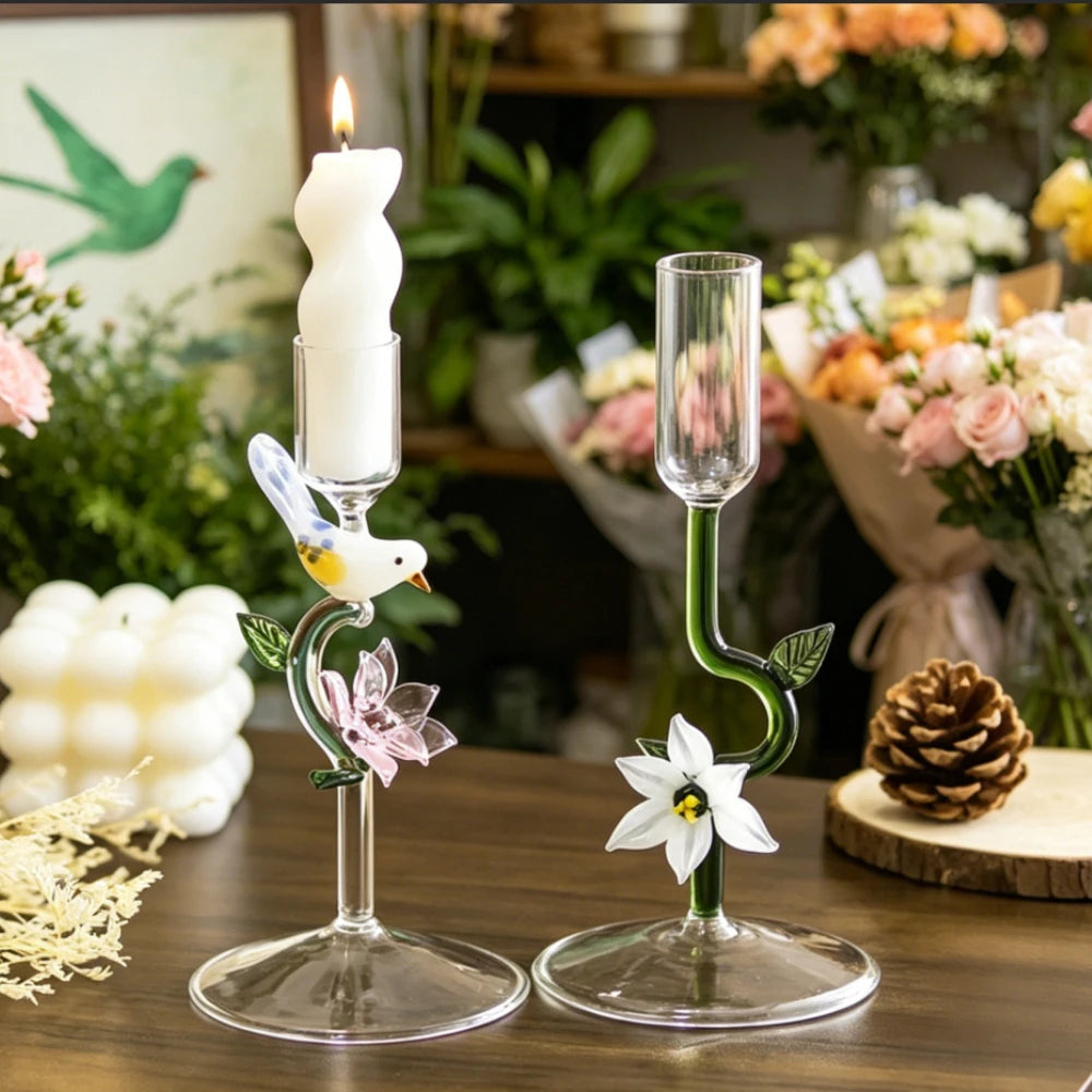 bougeoirs verre transparent motifs fleurs oiseaux décor intérieur artisanal naturel bougie