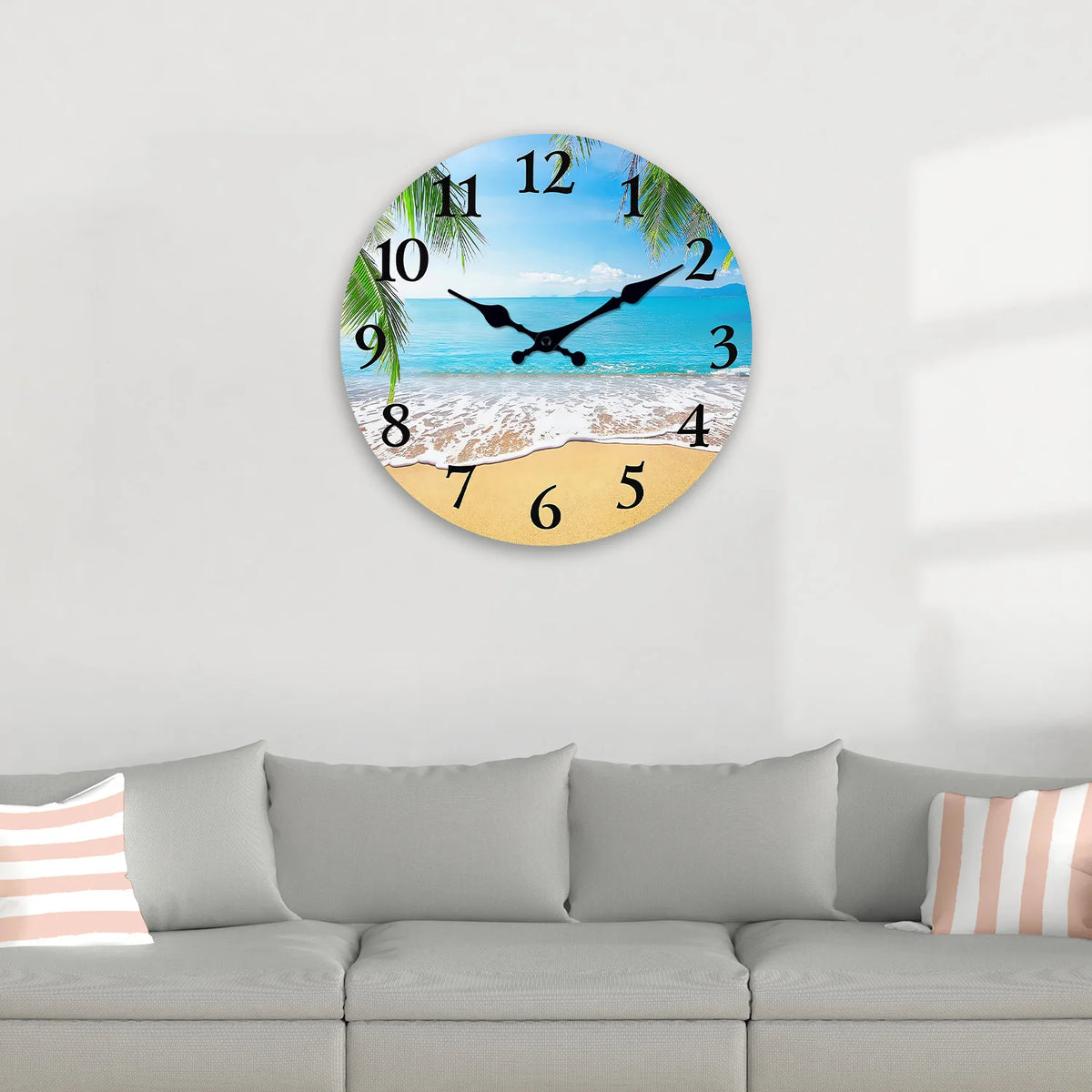 horloge murale bois paysage plage moderne aiguille quartz 24cm 29cm 34cm 39cm sóng ngắn