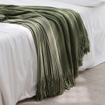 couverture tricotée vert olive rayures blanches simple anti boulochage portable hospitalière voyages pique nique