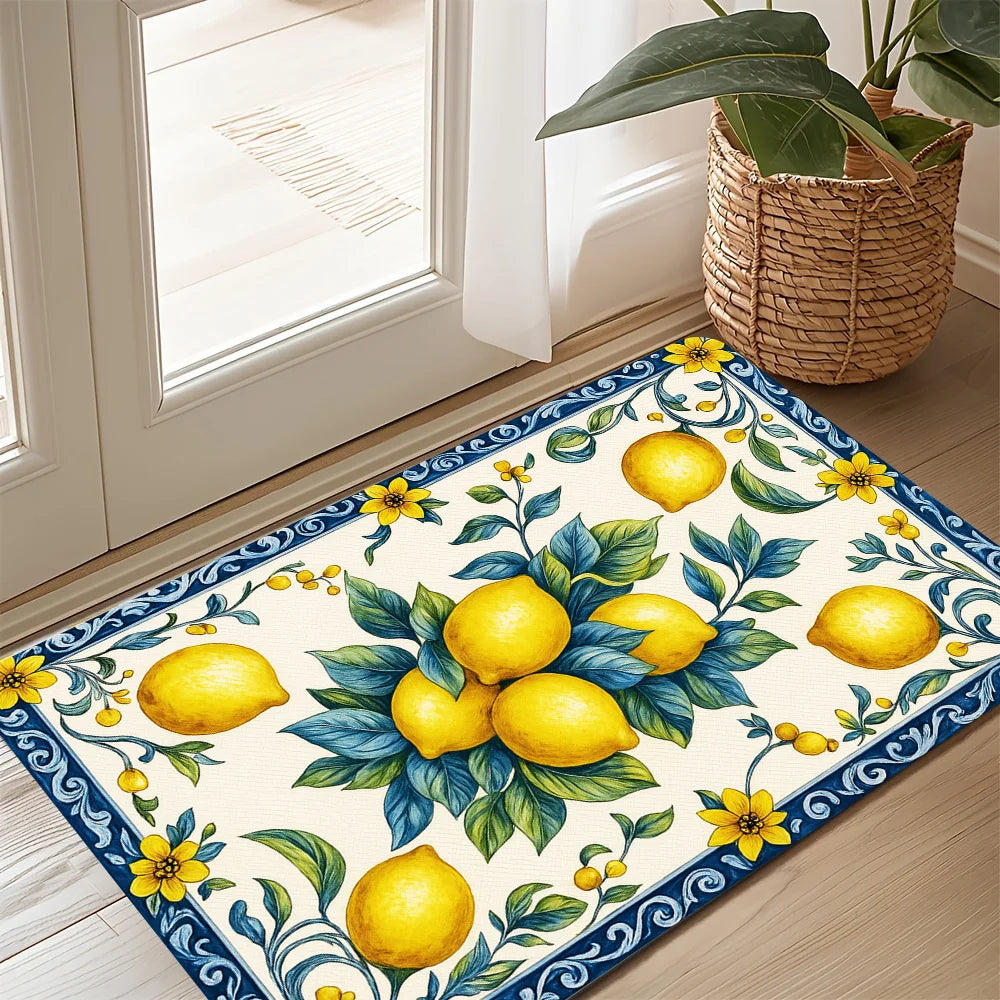 tapis sol antidérapant polyester motif floral citrons fleurs jaunes classique entrée salon chambre