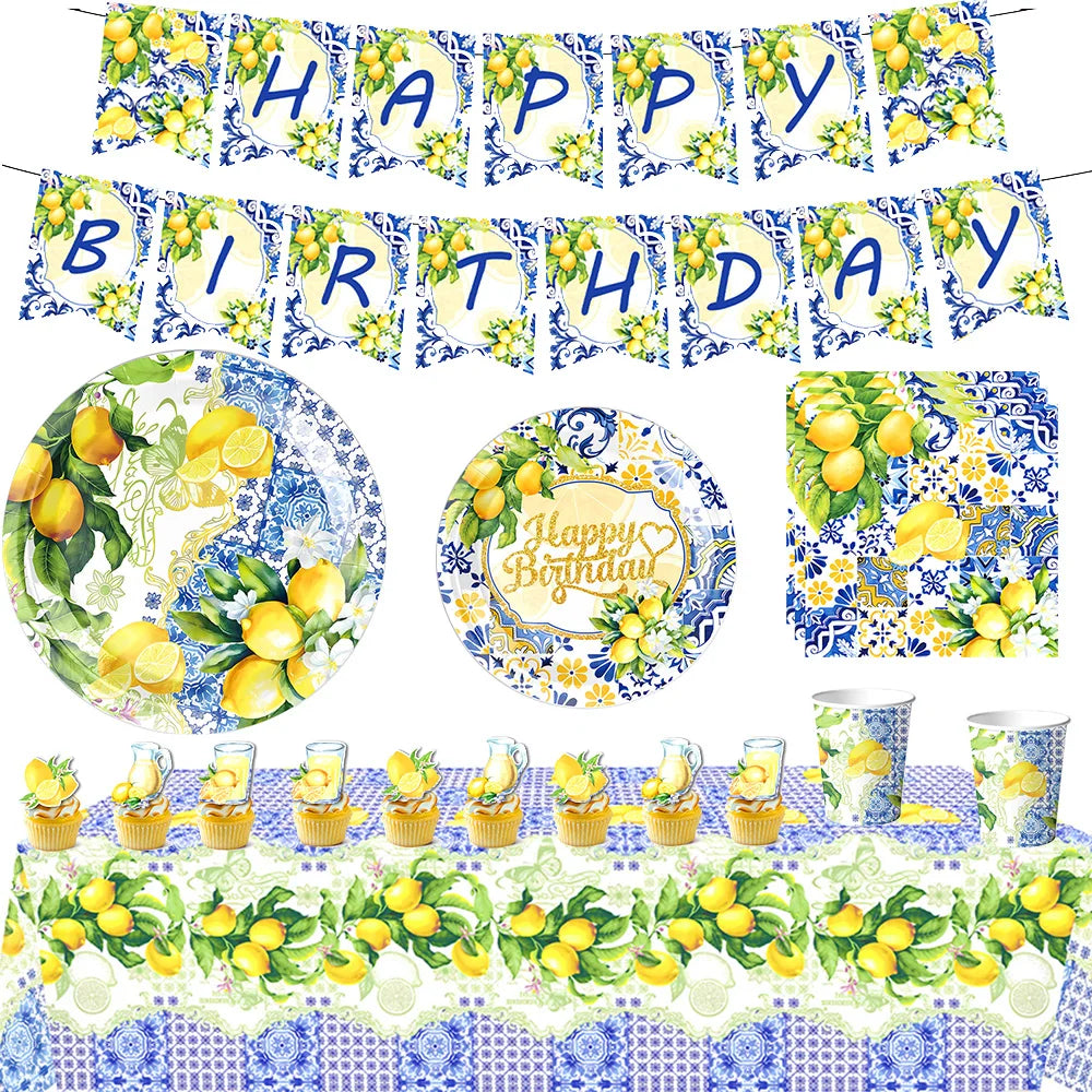 assiettes festives motif floral citrons papillons blanc bleu serviettes nappe gobelets anniversaire mariage baptême