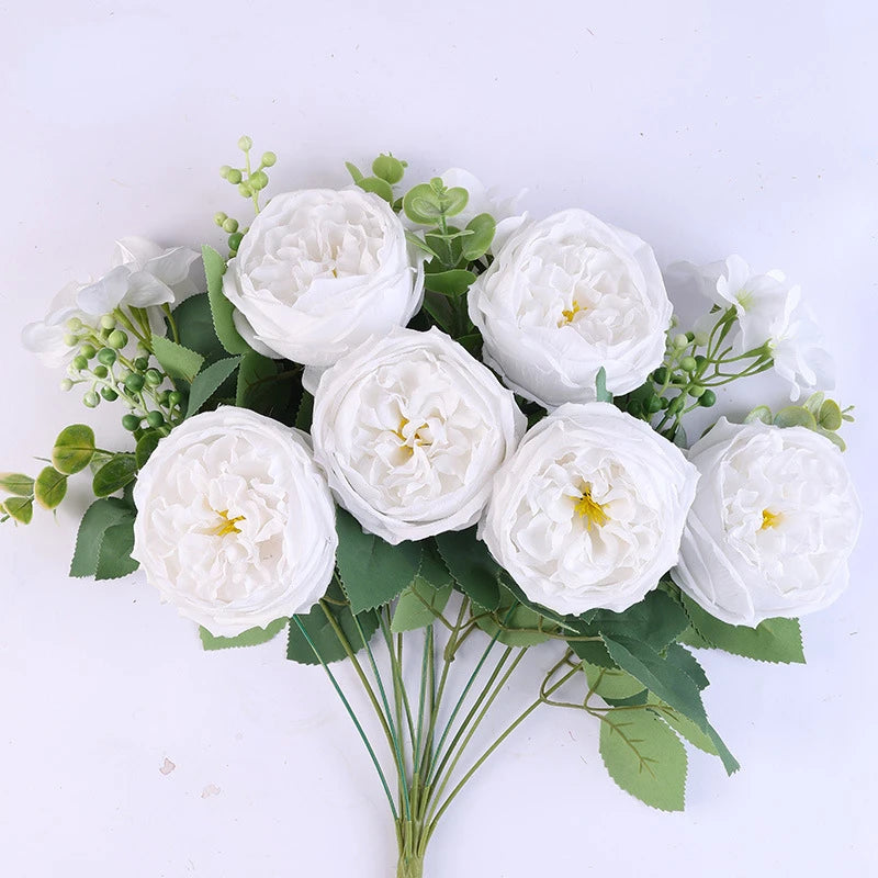 bouquet fleurs artificielles roses naturelles décoration mariage anniversaire intérieur 50cm 13 têtes soie