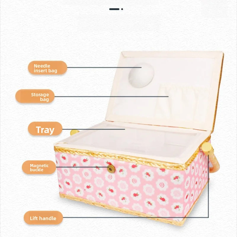 boîte couture rose clair rangement couture tissu imprimé poignée bois sac aiguilles européen doré