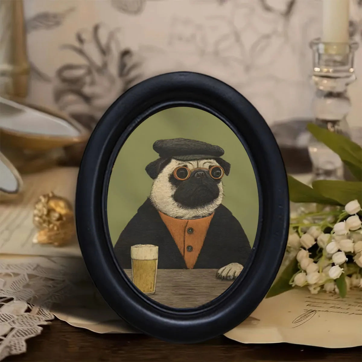 décoration murale cadre ovale noir chien costume classique amusant maison erotique vintage
