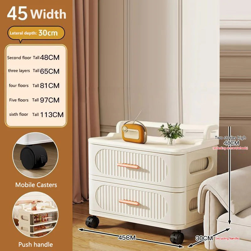 meuble rangement mobile tiroirs roulettes beige clair rayures horizontales moderne