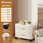 meuble rangement mobile tiroirs roulettes beige clair rayures horizontales moderne