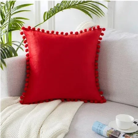 taies d'oreiller velours moderne gris jaune rose bleu blanc pompons non toxique polyester 45x45cm