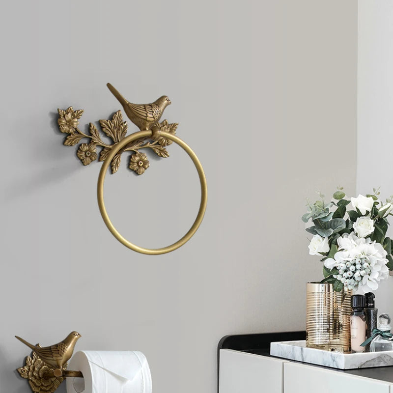 porte serviettes doré ornements floraux oiseaux classique fixations salle bain autocollant