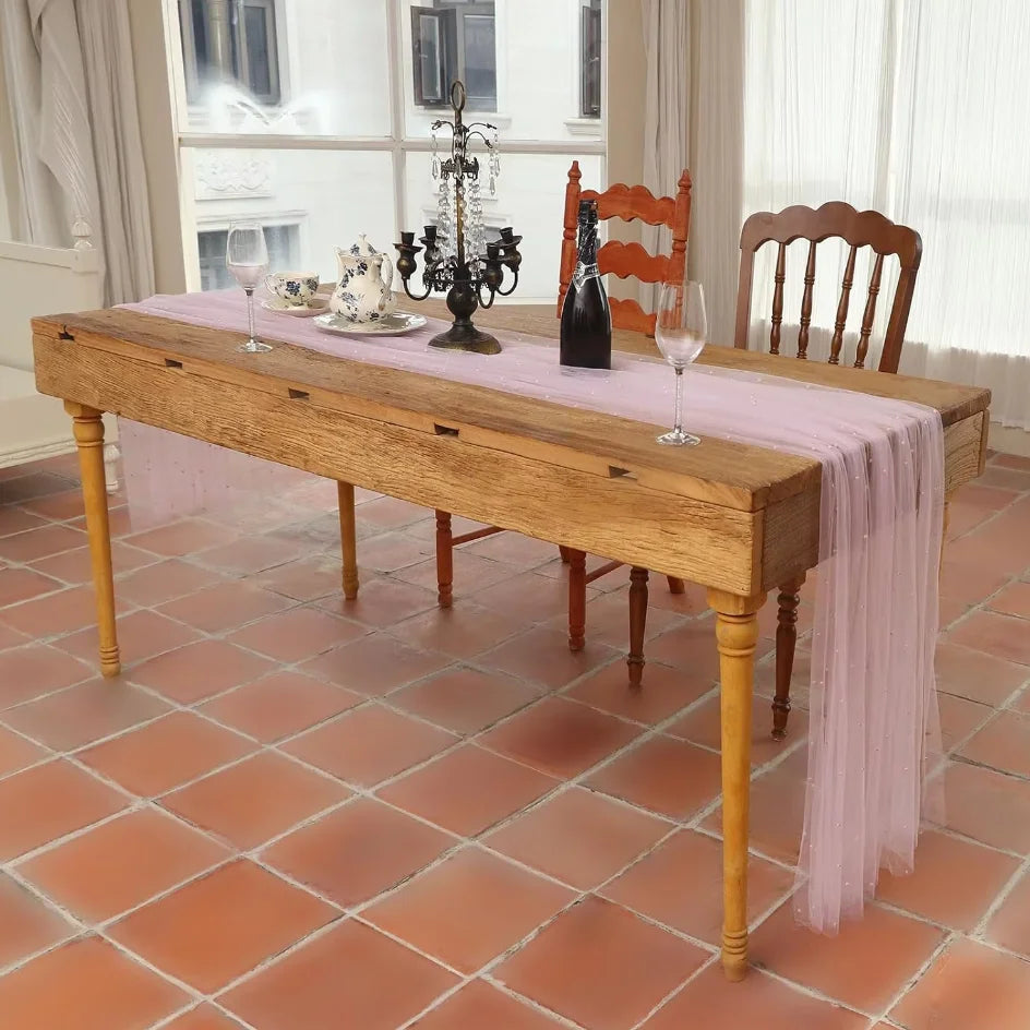 nappe tulle roses dentelle transparente bohème élégante décoration table anniversaire mariage festive