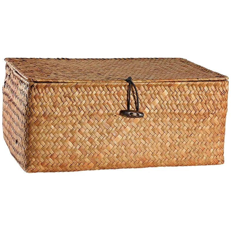 boîtes rangement tissage paille naturelle rustique boucles métalliques respectueux environnement multiple utilisations