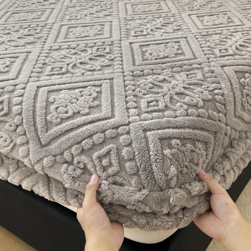 housse matelas jacquard motif géométrique gris clair élégante polyester élastique antidérapante adultes lit