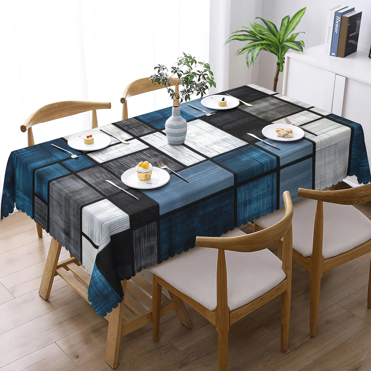 nappe table géométrique bleu marine noire blanche moderne réutilisable fête 140x180cm